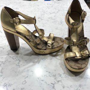 Coach “Joanne” Gold Pebble Leather Heeled Sandals 8 Heels